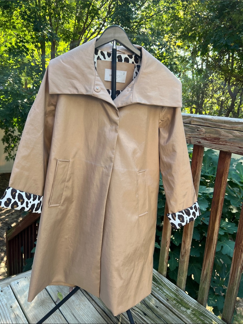 Jane Post Tan Trench Rain Coat with Leopard-Print Lining Made in Italy Italian